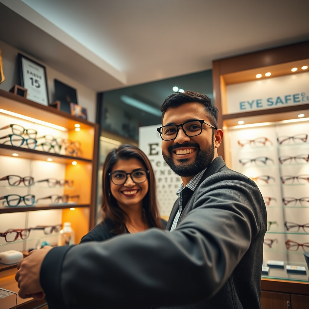 Create a photorealistic image, 4K resolution, capturing the essence of Eye Safe Opticals' 15-year legacy in Bangalore. The scene should depict a warmly lit, inviting interior of an optical store. In the foreground, a smiling optician is assisting a customer in selecting frames. Background elements include shelves displaying a curated collection of branded eyewear and subtle awards/certificates representing 15 years of service. Composition should emphasize trust and expertise. Lighting is soft and highlights the quality of the eyewear. The color palette should be warm and professional. Camera angle: Eye-level, conveying approachability. Props: Eye chart in the background, stylish eyewear displays. Style reference: Modern retail photography with a touch of classic elegance.