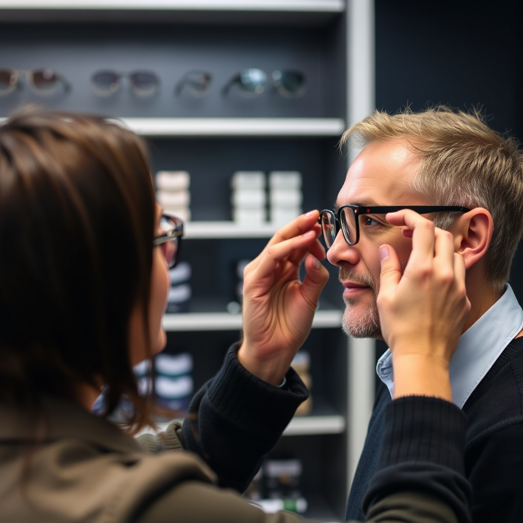 Image showing an optician carefully adjusting a pair of glasses on a customer's face, ensuring a comfortable and secure fit. The scene emphasizes personalized service and attention to detail. Style: lifestyle photography with a focus on retail.